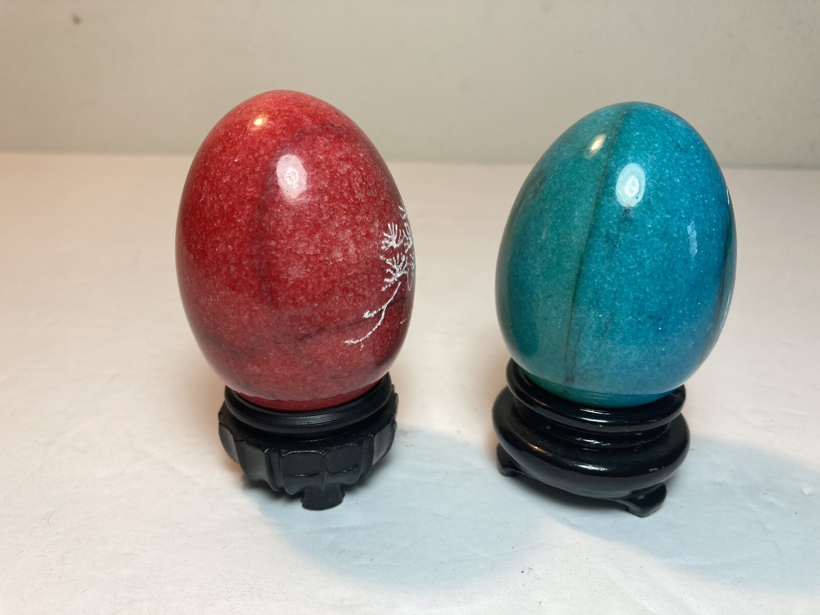2 Vintage Chinese Hand Etched Painted Marble Stone Egg Monk Stand 2.5”