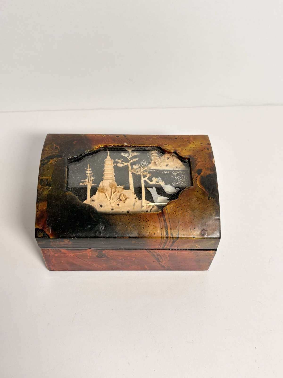 Vintage Chinese Lacquered Carved Cork Diorama Art Jewelry Box ~ Small with Lid