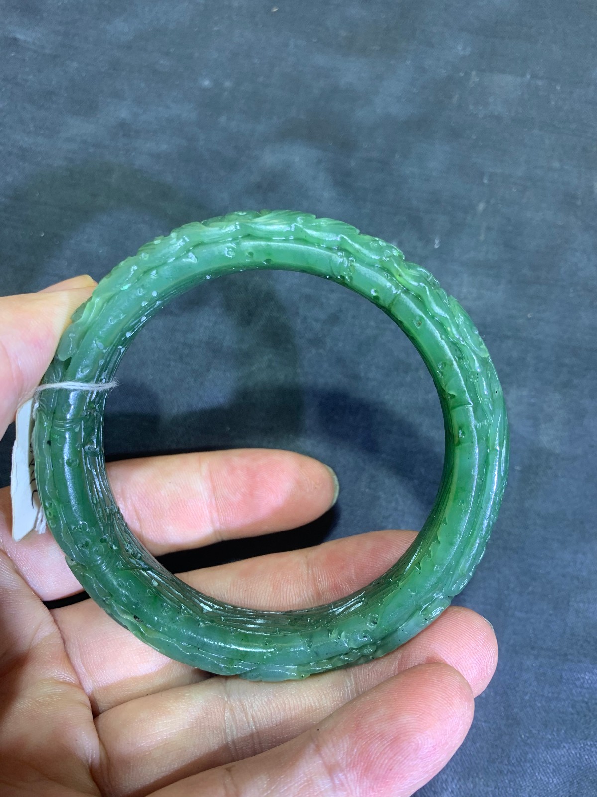 Rare Chinese HeTian Green Jade Hand Carved *Phoenix/Flower* Bangle Bracelet