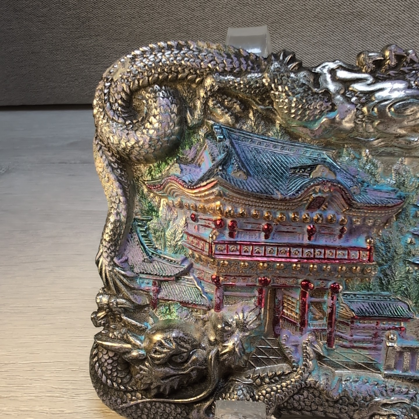 Antique Chinese Dragon Repousse Metal Tray Plaque Wall Art Jewelry Box Lid 7″x4″