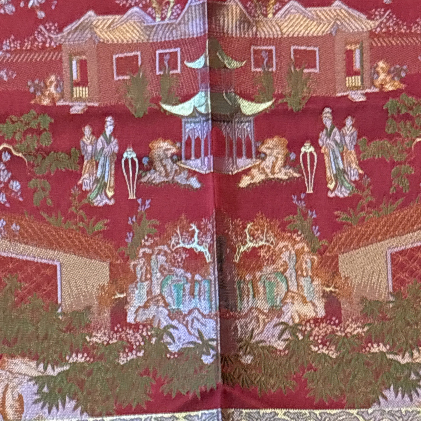 Vintage Chinese Silk Brocade Tablecloth fringe Tapestry Embroidery 38” x 37”