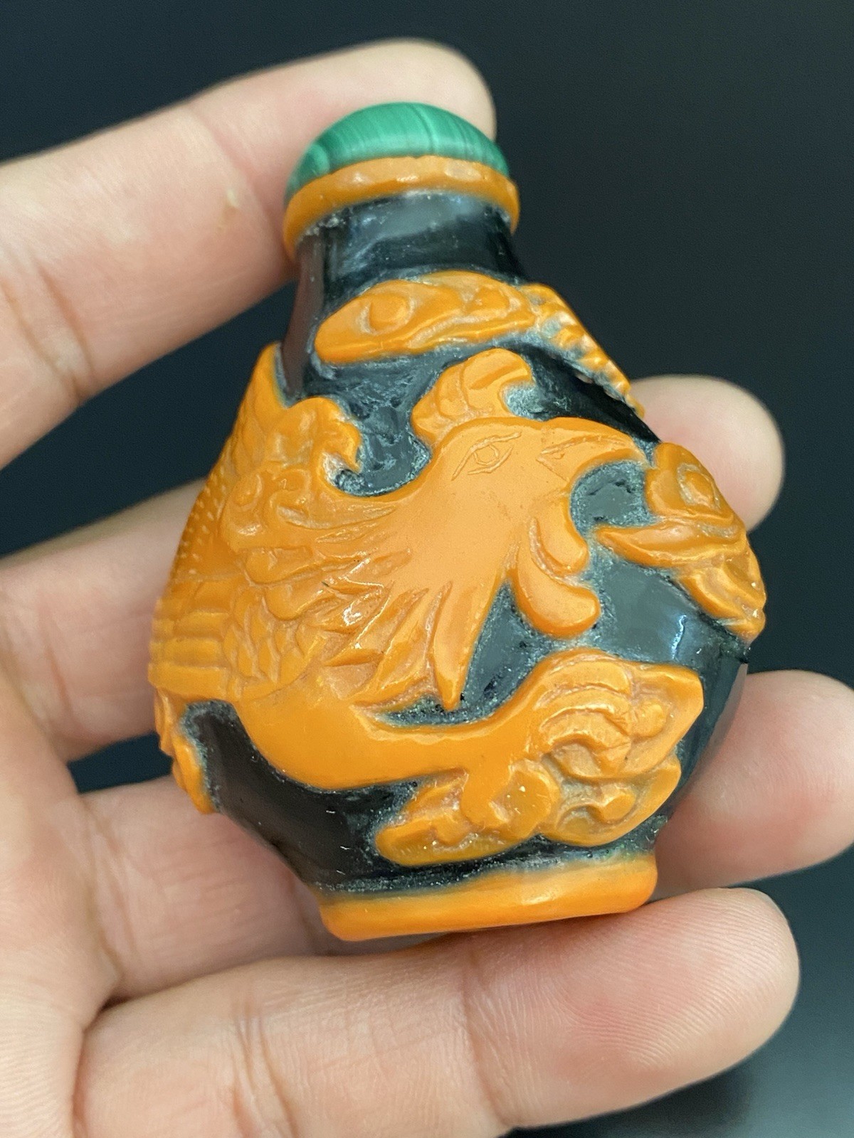 Antique Chinese Peking Glass Orange Phoenix Overlay Snuff Bottle Malachite Top