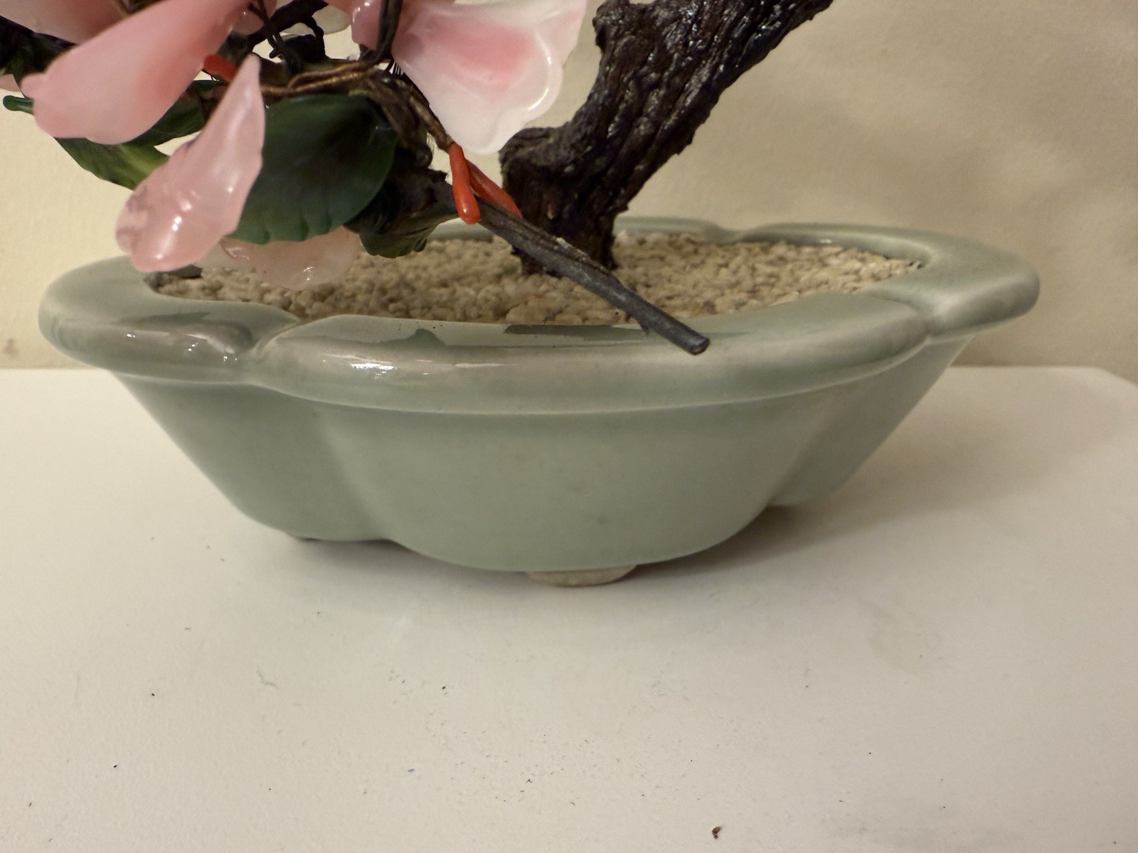 Vtg Asian Jade Glass Flowering Pink Cherry Blossom Bonsai Tree Ceramic Pot 8×9”