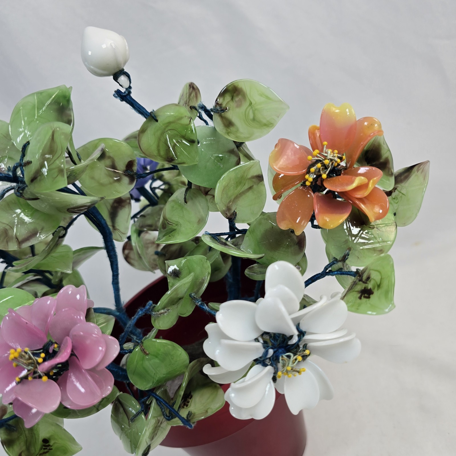Chinese Jade Glass Bonsai Tree With Flowers and Pot 12 Inch X 11 Inch Approx