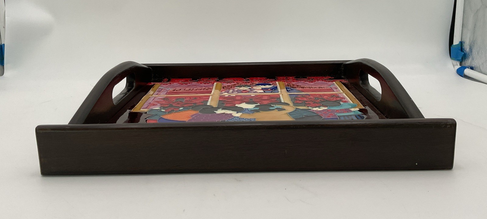 Decorative Serving Tray W/Ceramic Inlay Depicting Chinese Celebration