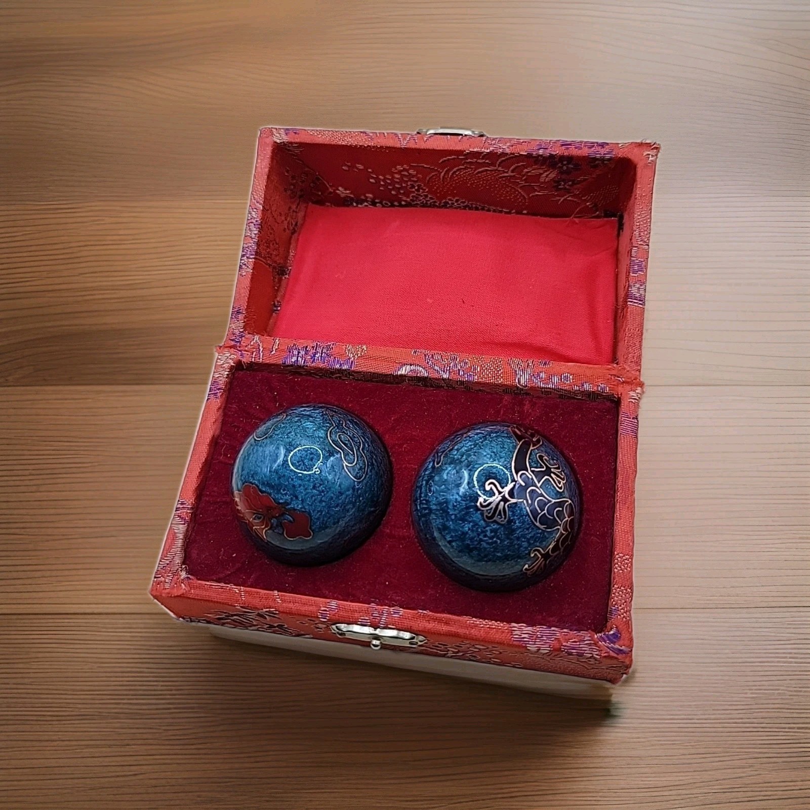 RARE Teal Chime Enamel Set Dragon & Phoenix Baoding Health Balls Vintage Bx17