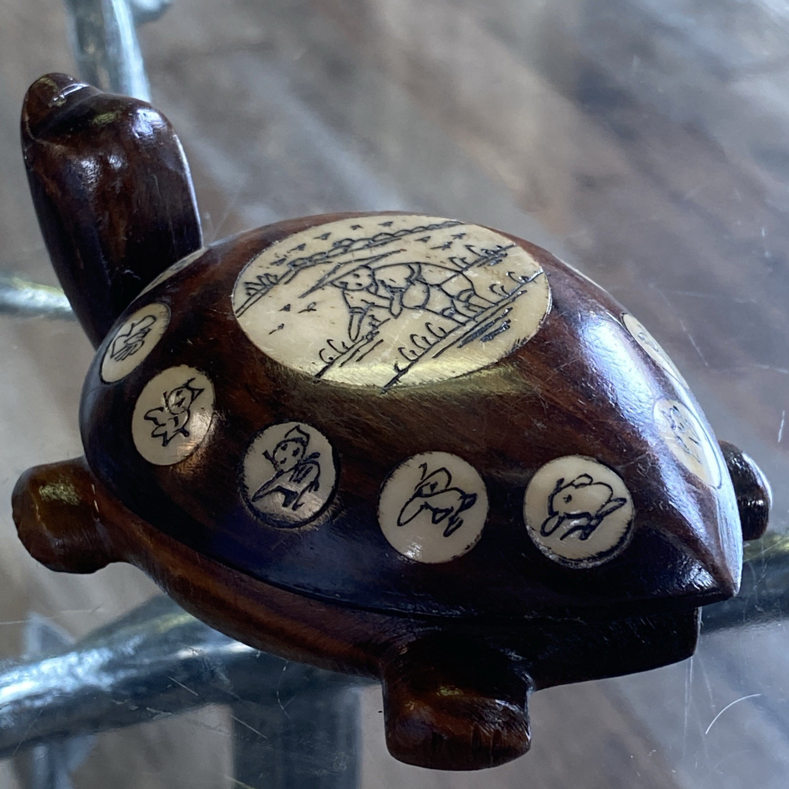 Vintage Carved Wood Turtle with Inlaid Chinese Zodiac Signs Opens to Compass 4”