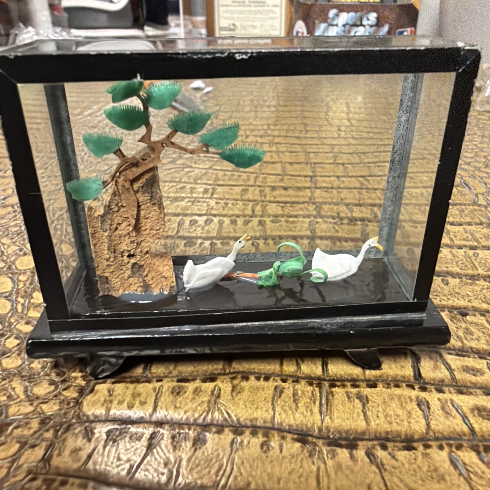 Vintage Asian Oriental Hand Carved Cork Art Shadow Box Diorama 3D Egret Pagoda