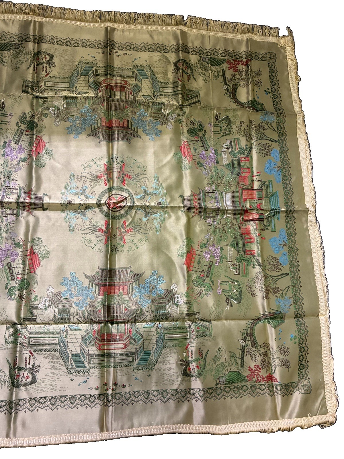 Vintage Chinese Brocaded Flowers Silk Piano Shawl Table Topper 38” Square