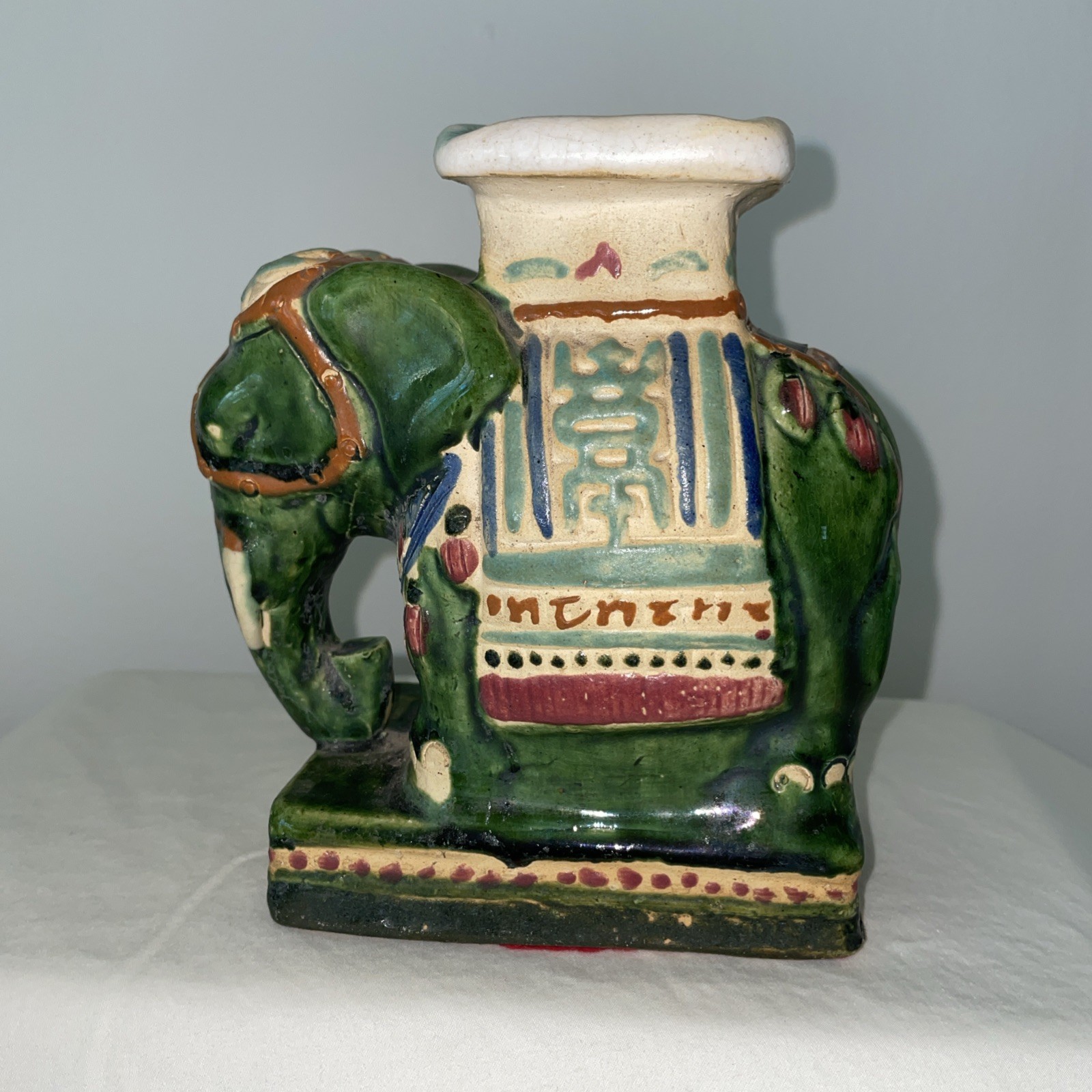 VTG Pr of Ceramic Hand Painted Majolica Asian Elephant Statue