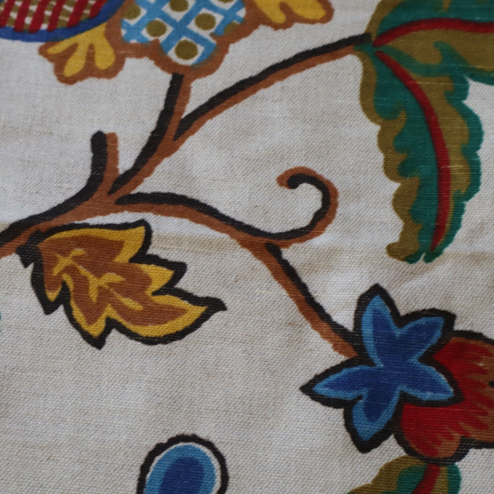 Vtg Linen Waverly Bonded Fabric, Coventry Crewel Floral Red, Blue, Yellow 1.8 yd