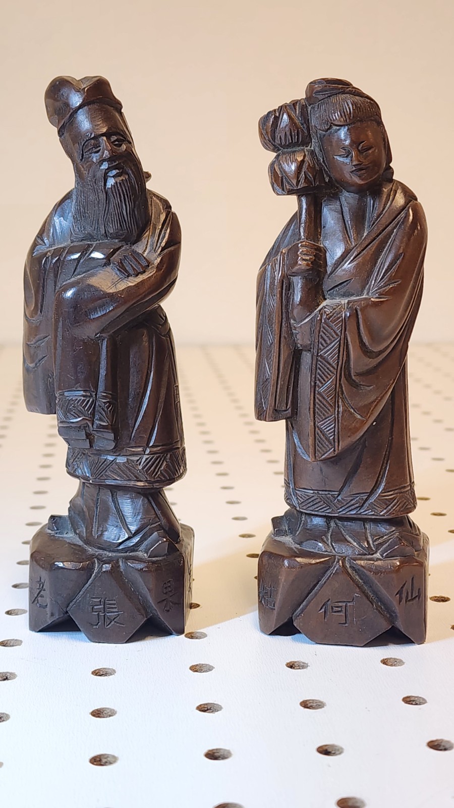 Pair Vintage Chinese Wood Carvings He Xiangu & Zhang Guo Lao Immortals 6″