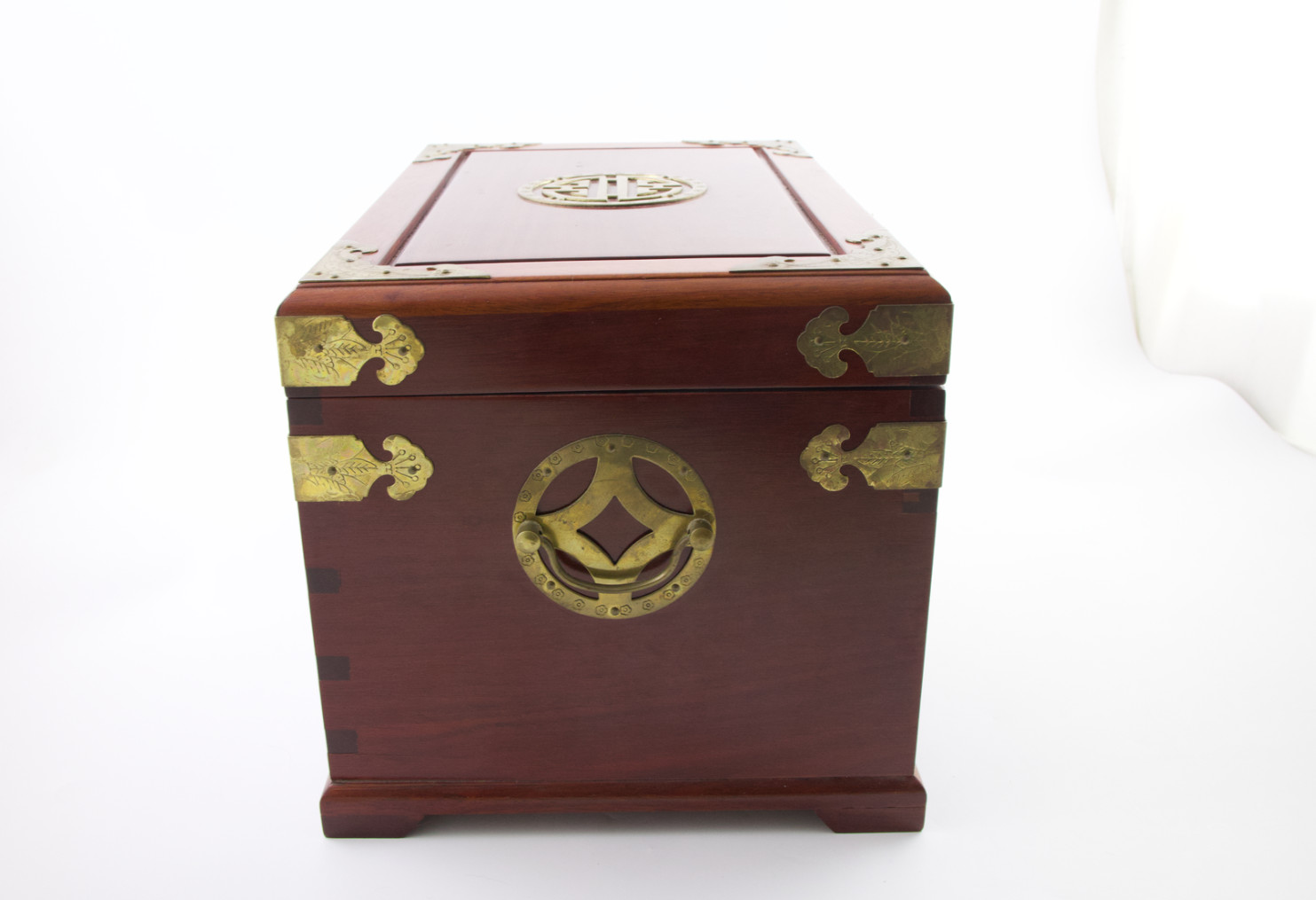 Large Chinese Rosewood & Brass 2 Drawer Flip Top Jewelry Box Longevity Symbol