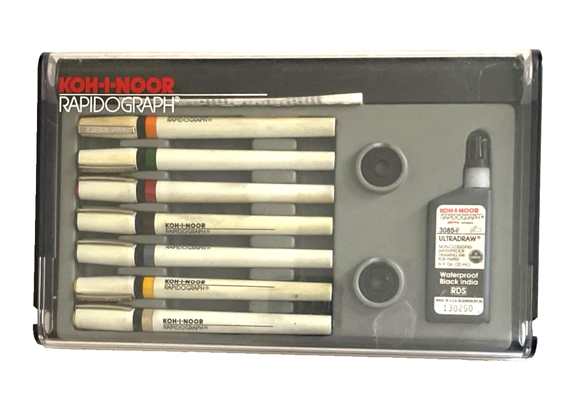 KOH-I-NOOR RAPIDOGRAPH Set 7 Pens, Ink Artist Drawing Graphic Technical 3165