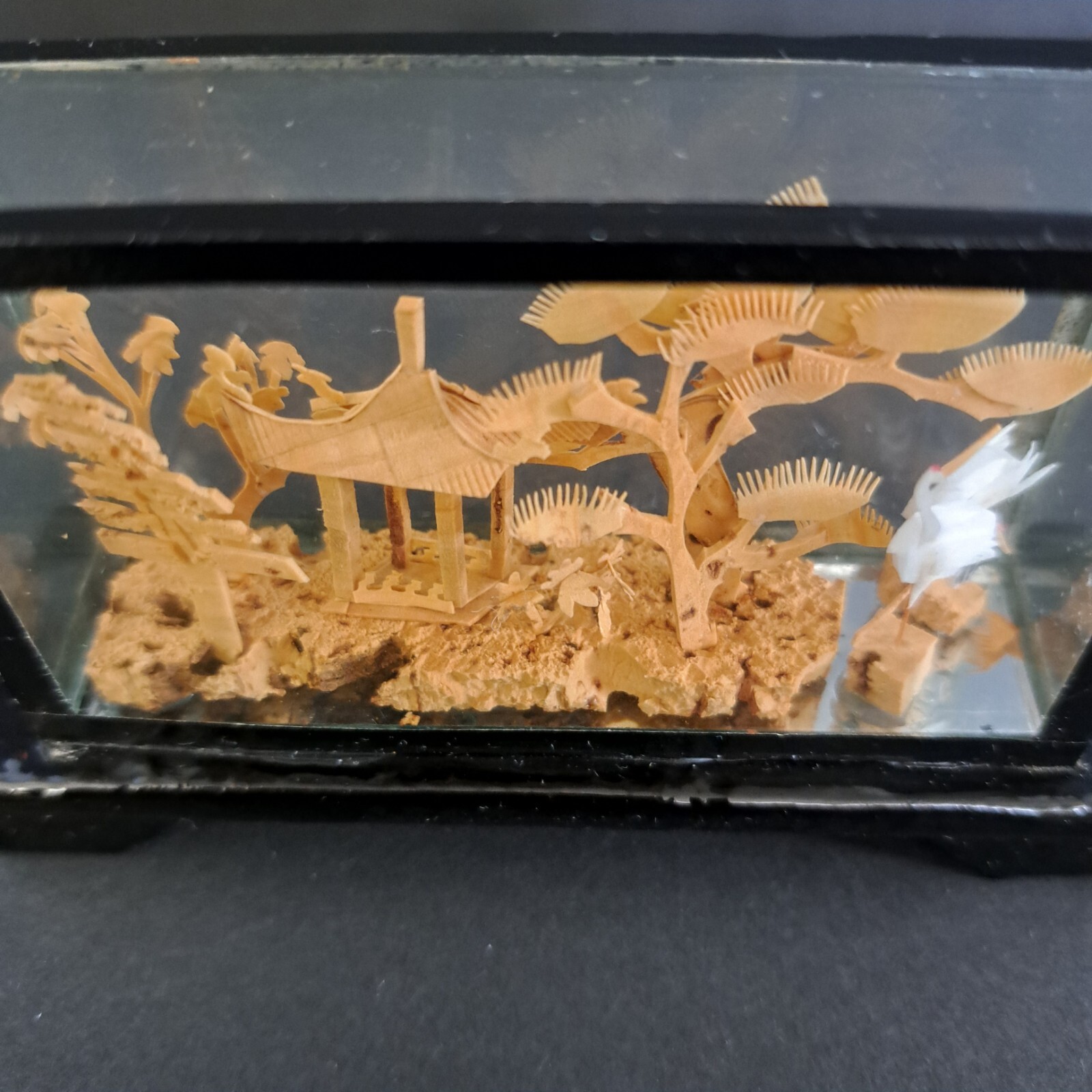 Carved Chinese Cork Diorama Shadow Box Sculpture In Glass Cranes Trees Pagoda