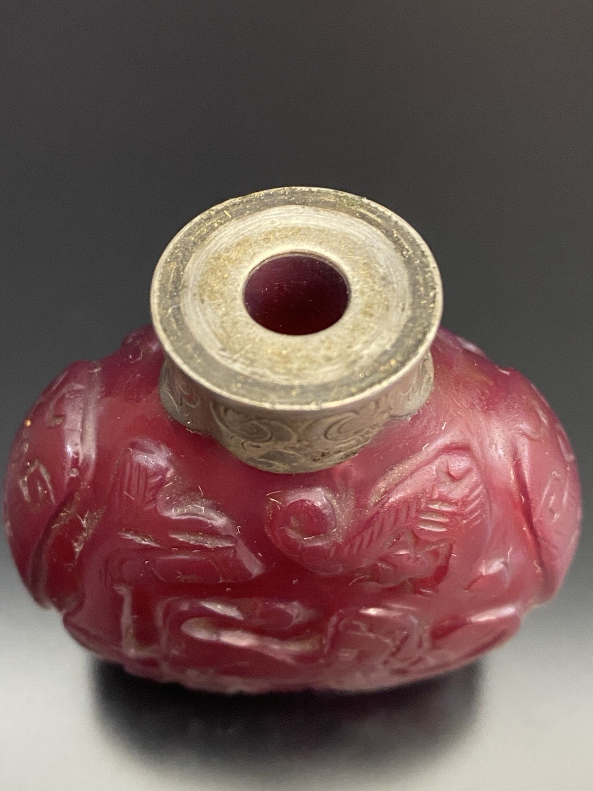 Antique Chinese Ruby Red Peking Glass Steling Silver Top Carved Snuff Bottle