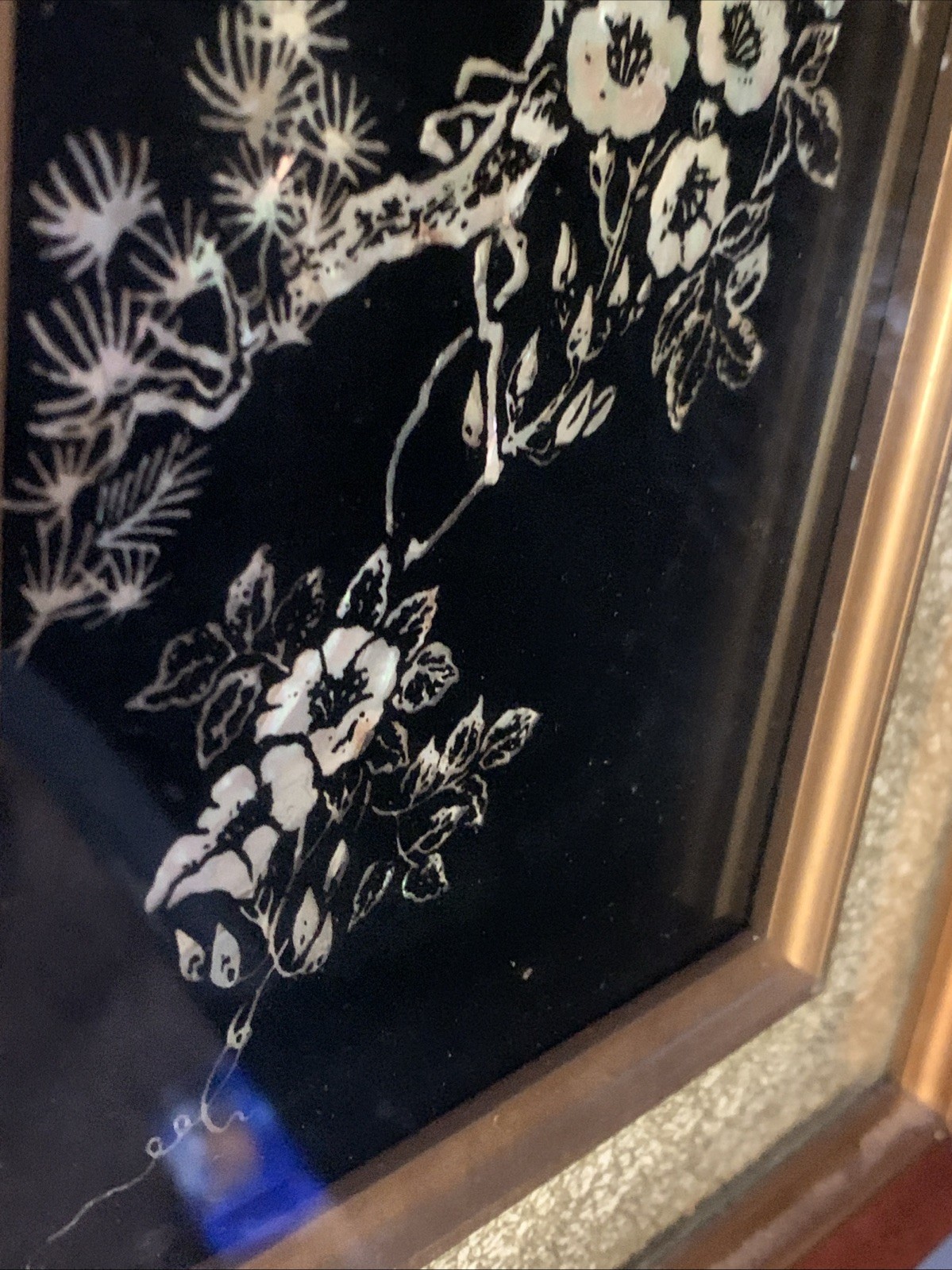 Vtg Asian Crane Birds Mother of Pearl & Abalone Shell Art Wood Framed 14.5”x8.75