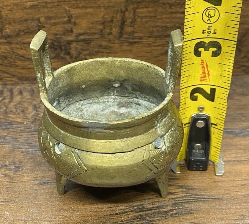 Chinese Brass Tripod Censer Incense Burner Altar Bowl Marked Vintage
