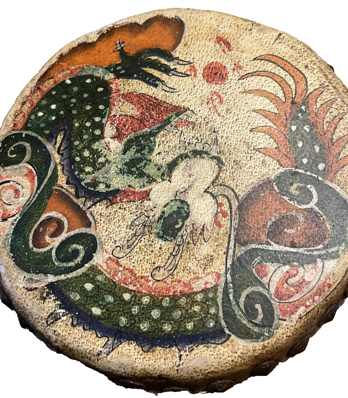 Asian Drum Hand Painted Dragon Double Sided Leather Head. 11.5” Vintage