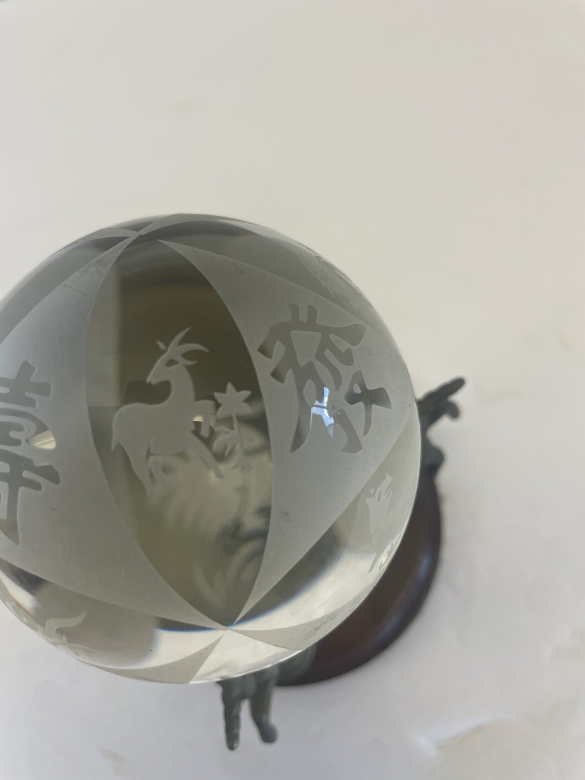 Chinese Zodiac New Year Etched Crystal Ball W Vintage Brass Unicorn Stand