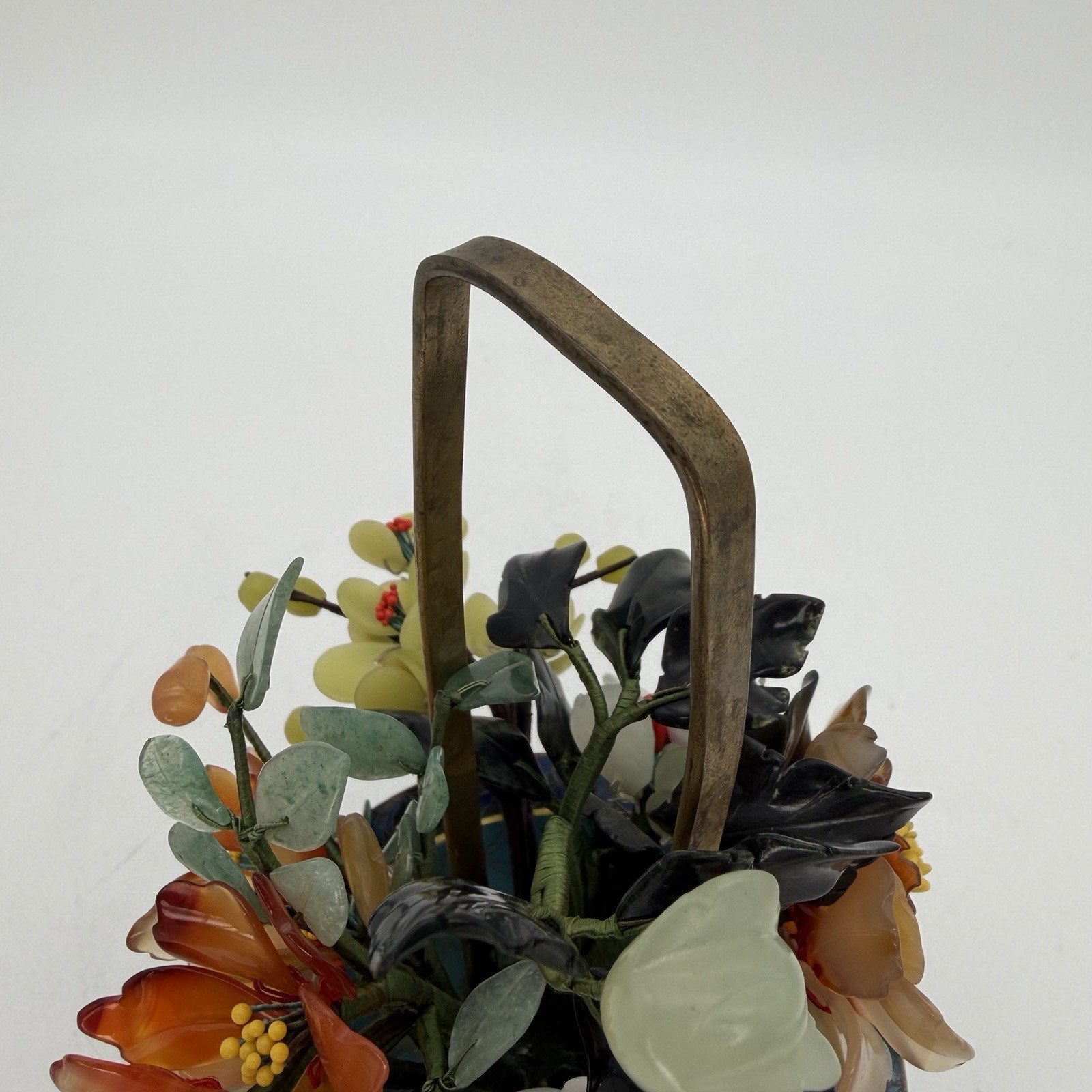 Vintage Jade Bonsai Tree Flowers Basket Cloisonné Pot 7.5” Brass Handle