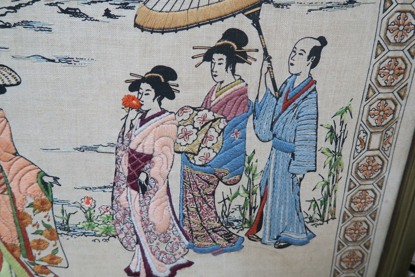 Asian Embroidery Over Painted Canvas Geishas Framed 19″ x 29″ – 22″ x 32″