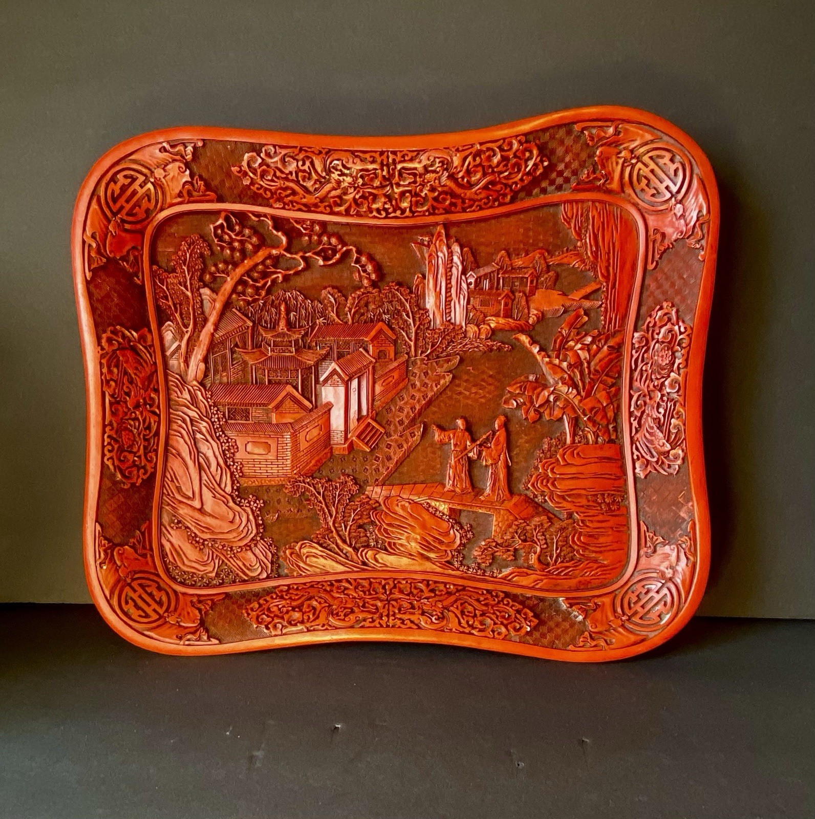 Cinnabar Vintage Carved Chinese Tray Red 14.5×12 Landscape Scene with Figures