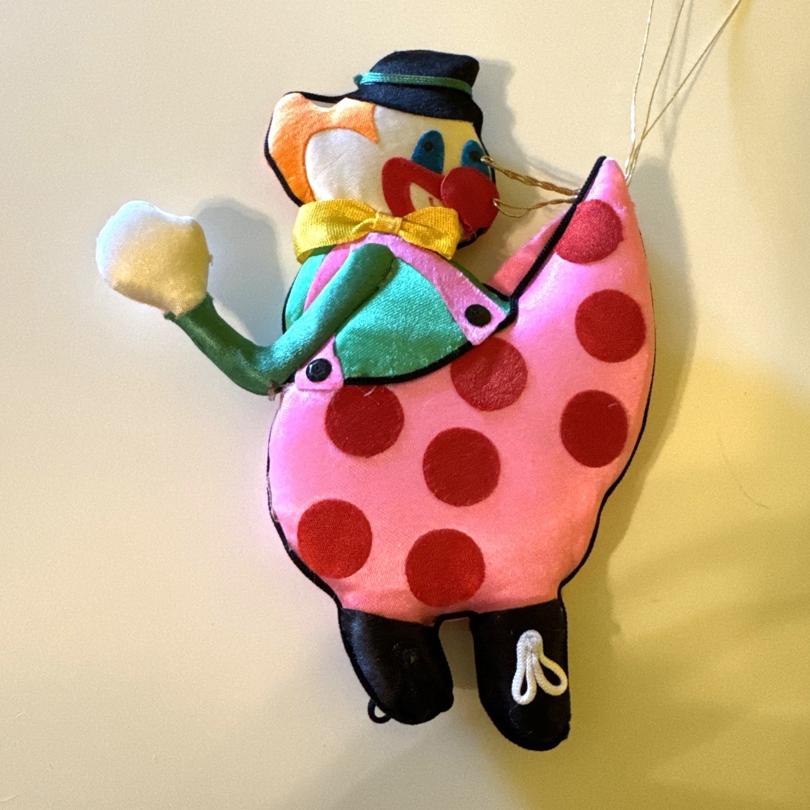 Vintage NOS 1980s Era Chinese Silk Embroidered Satin Clown And Balloons Ornament