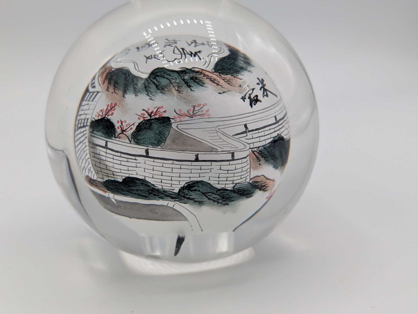 RARE Vintage Chinese Reverse Painted Glass Sphere Paperweight 3.5″ Unique Art