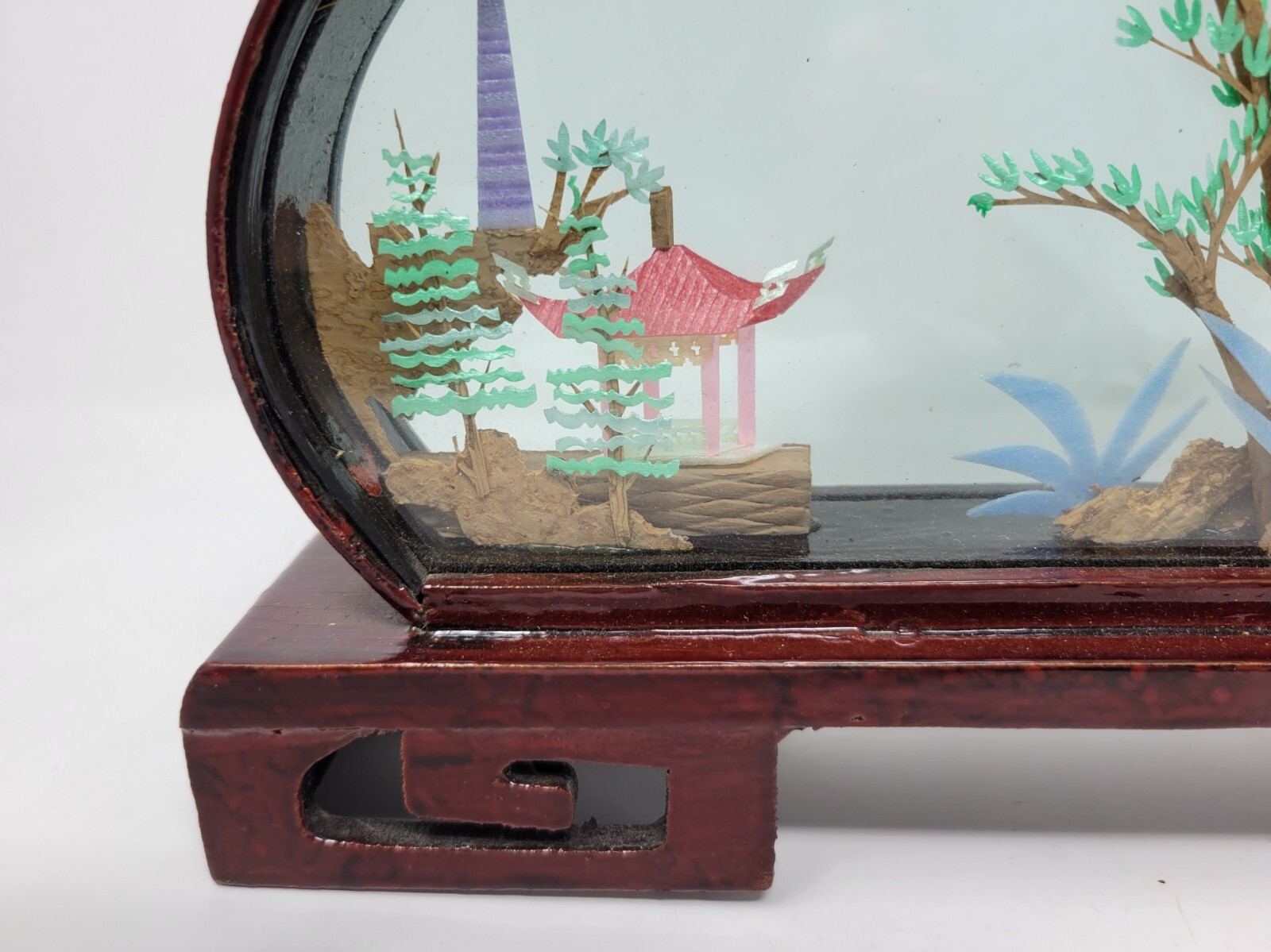 Vintage Chinese SAN YOU Diorama Art Pagoda With Trees & Pandas 1980s 14″ By 7″
