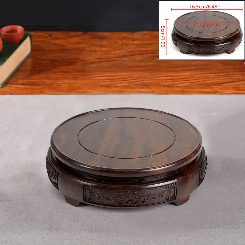 Wood Hand Carve Fishbowl Stand Bonsai Garden Stone Vase Flower Rack Display Base