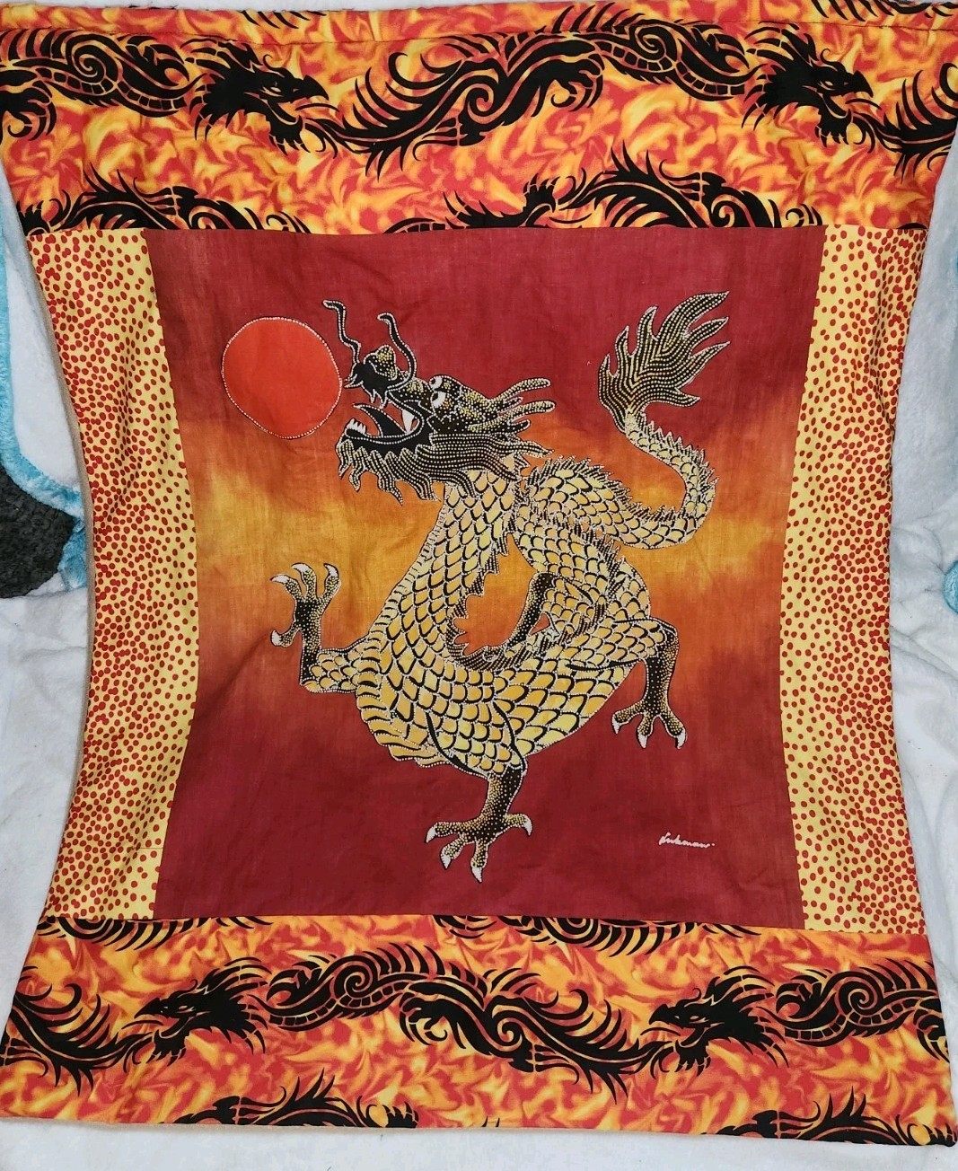 Chinese Dragon Handmade Wall Hanging Orange Red Yellow Black Batik Look 22×28″