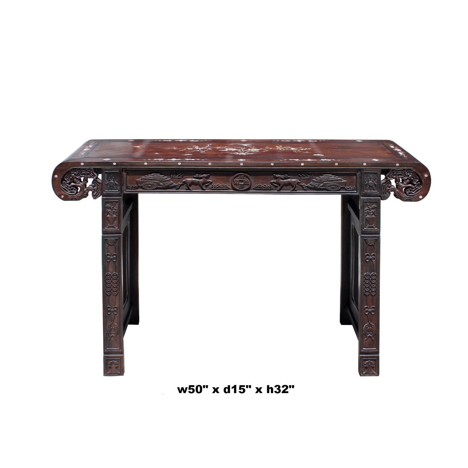 Chinese Brown Huali Rosewood Scroll Inlay Deer Fortune Motif Altar Table cs4227