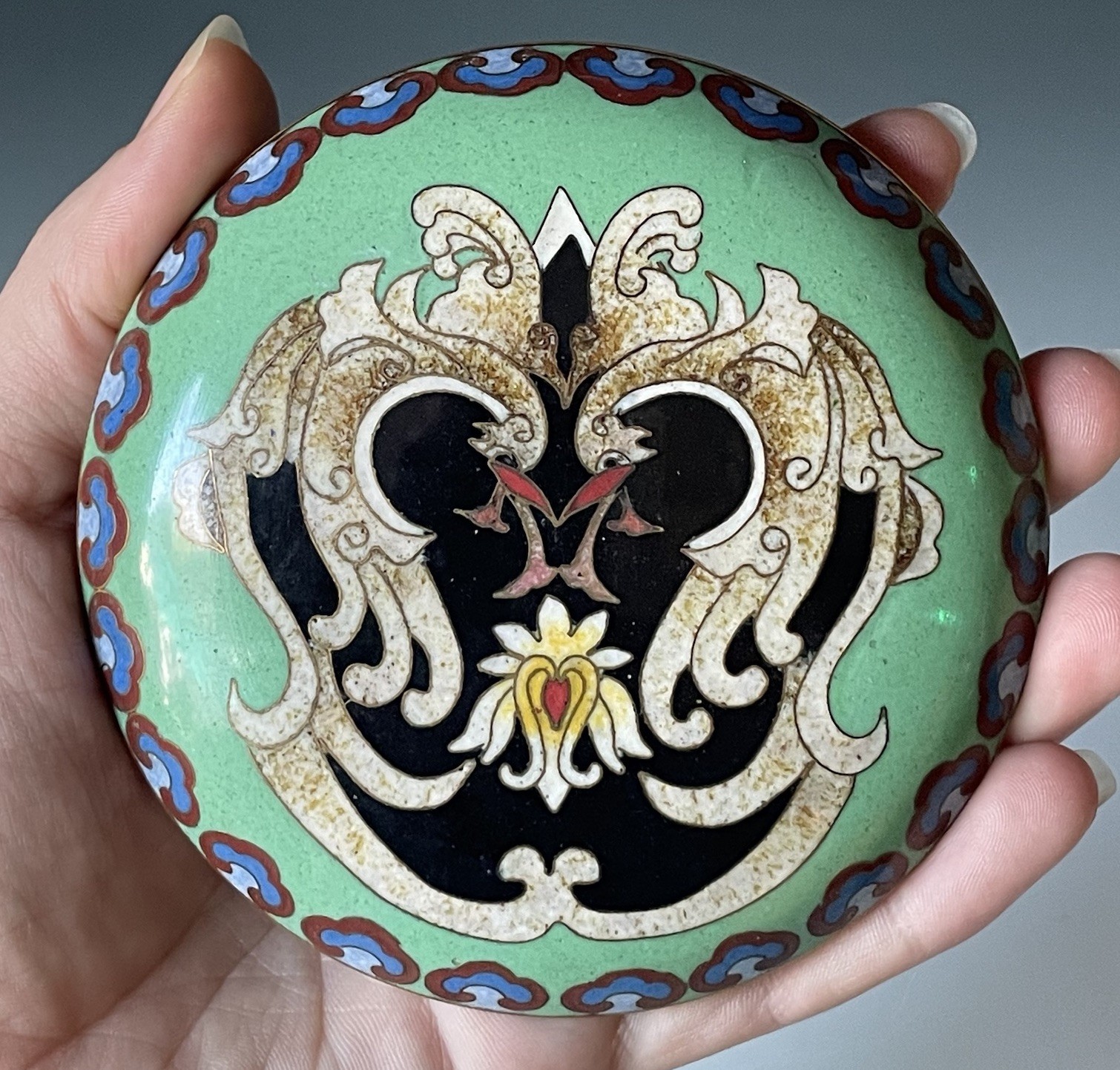 20th C. Chinese Cloisonne Phoenix Round Cosmetic Incense Scholar Powder Box