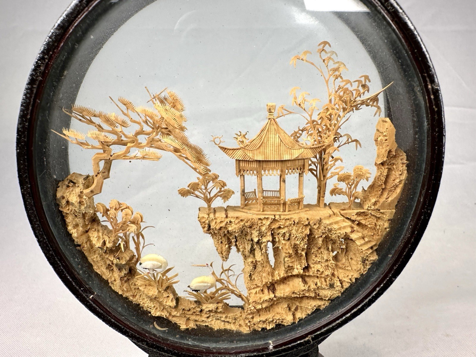 VTG Chinese Hand Carved Cork Diorama Shadow Box Asian Art Pagoda Cranes Trees