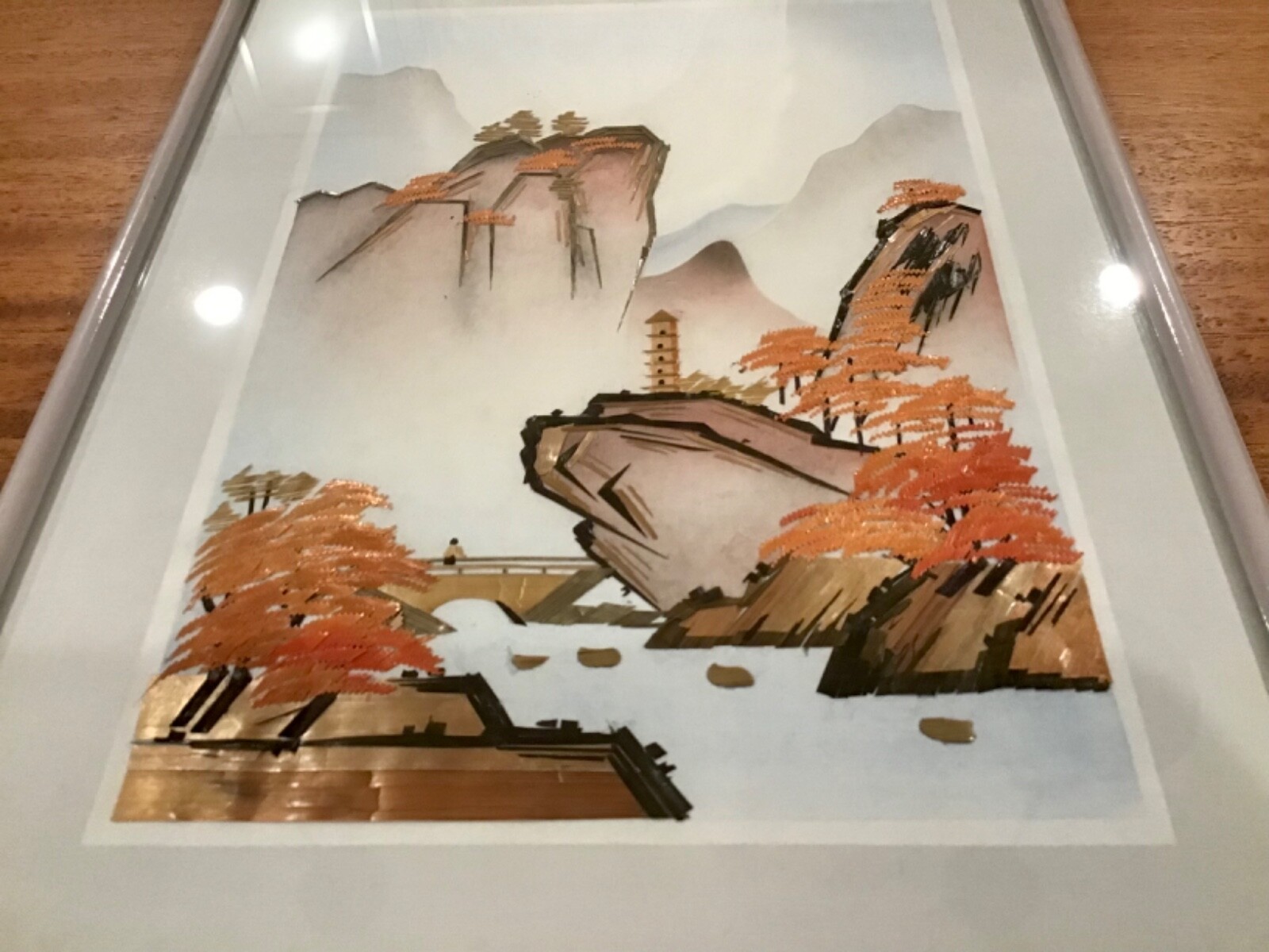 VTG ASIAN CLOTH PAINTED WOOD PICTURE MOUNTAINS WALL ART FRAMED- 1 OF 2 AVAILABLE