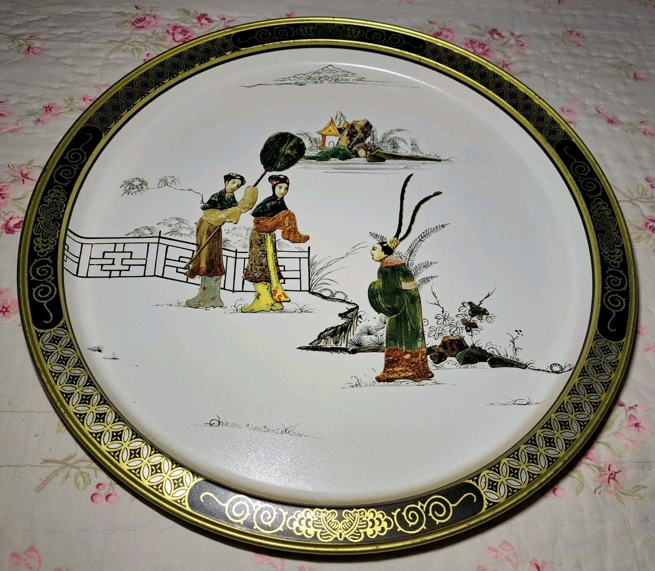 Vintage Asian Metal Tray Plaque Love Story Thang Dynasty Series 13.5″