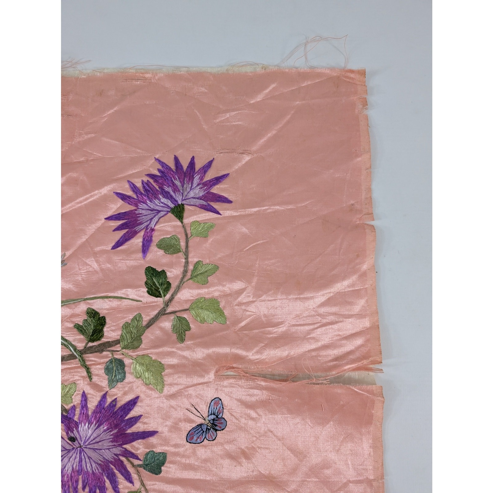 Vintage Chinese Hand Embroidered Floral & Butterfly Silk Textile 23x18in