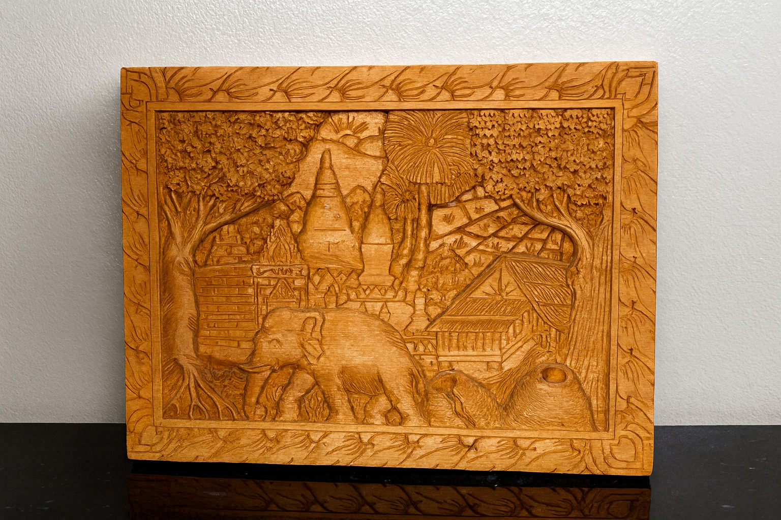 Hand-Carved Wooden Relief Panel – Elephant & Pagoda Scene, Southeast Asian Templ