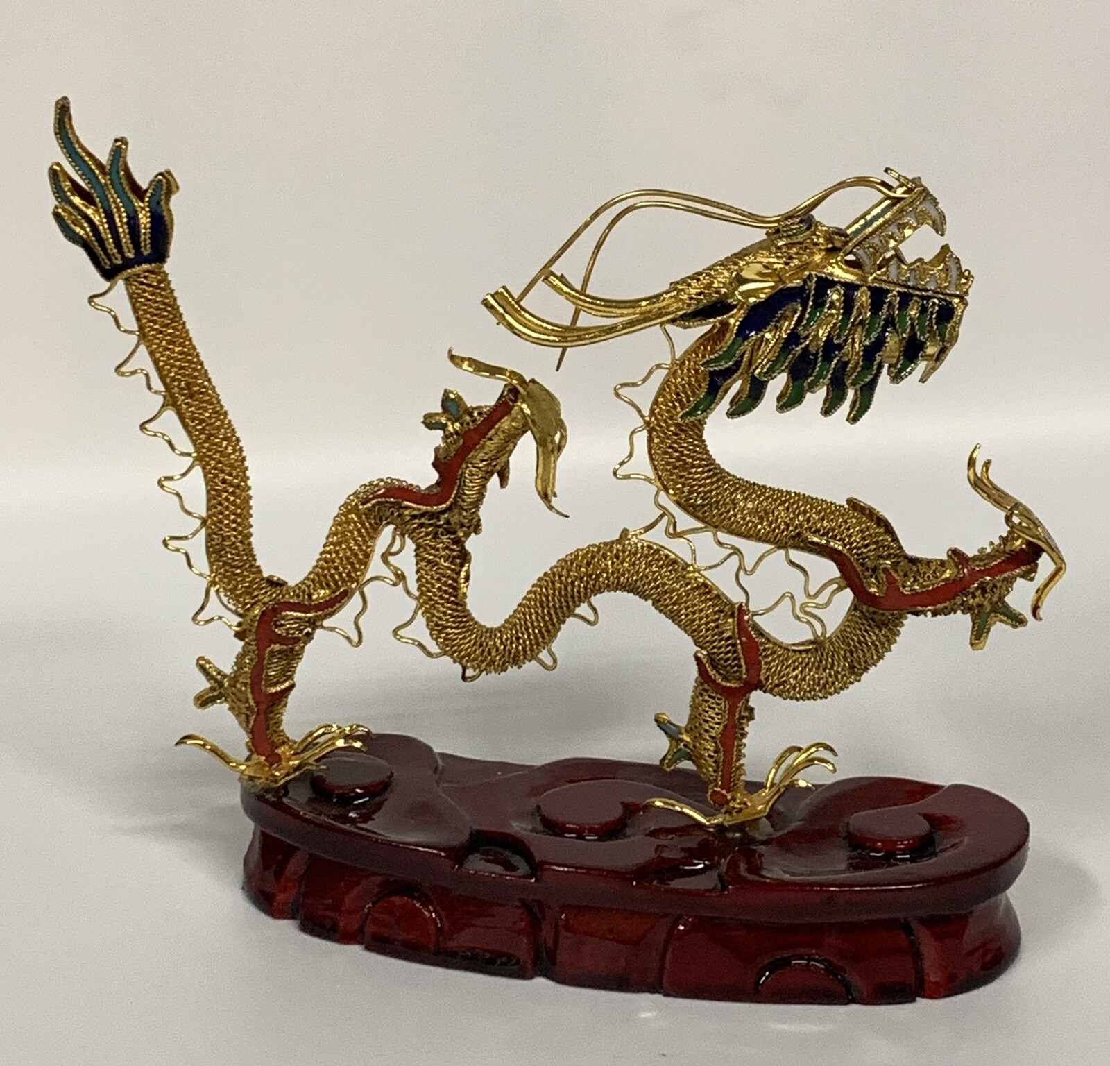 Chinese Brass Filigree Dragon Wooden Stand Gold Red Green Color 4.5”x 5”