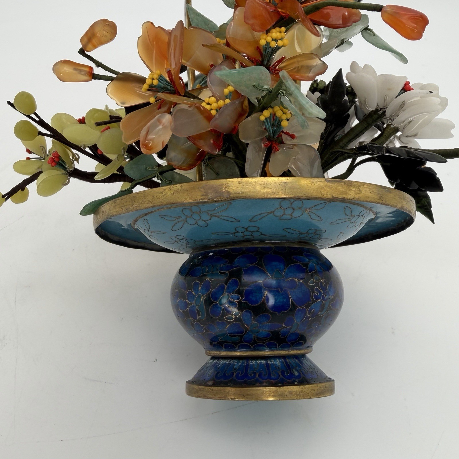 Vintage Jade Bonsai Tree Flowers Basket Cloisonné Pot 7.5” Brass Handle