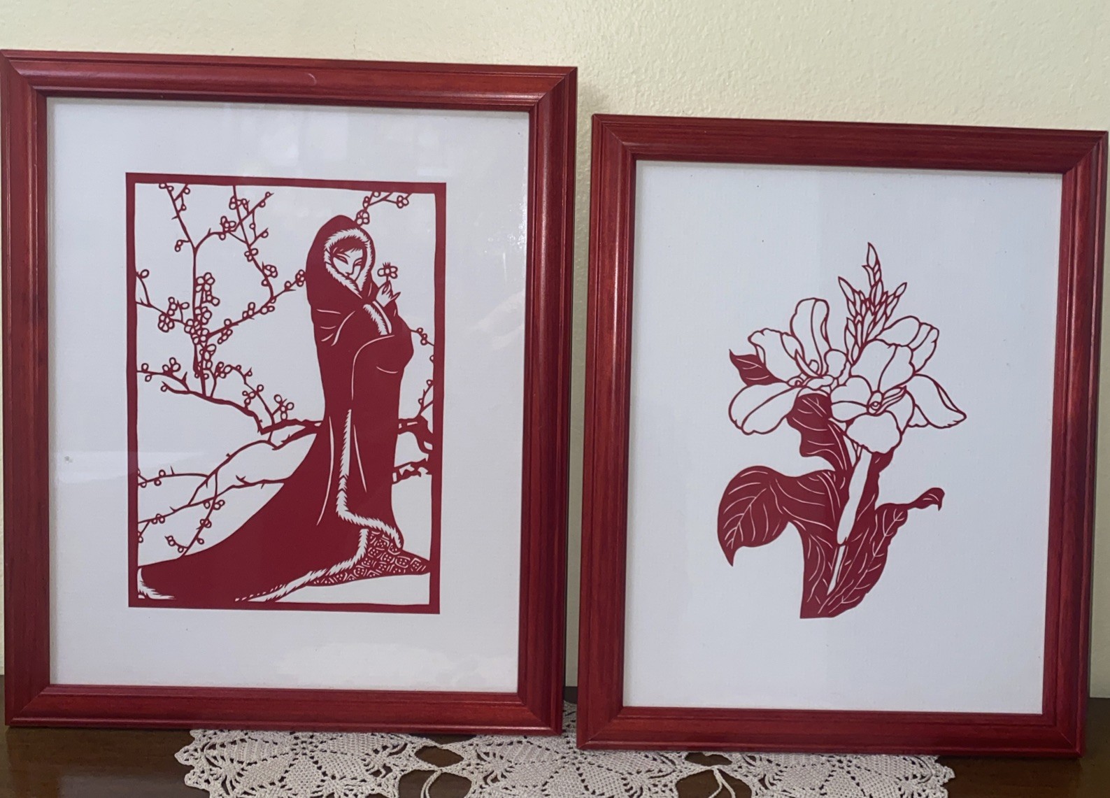 Vintage Chinese hand cut paper cutouts professionally framed Set 2 Red & White