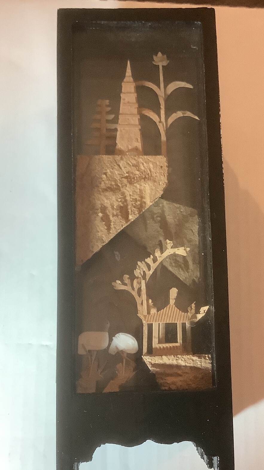 Chinese Asian Carved Cork Art Diorama Folding Glass Table Decor Black Frame VTG
