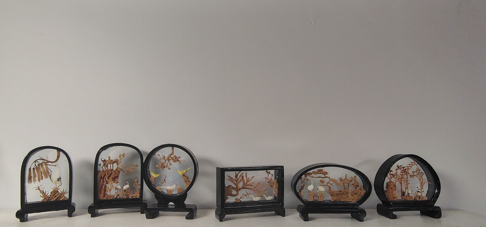 6 Vintage Chinese Cork Carving Art Dioramas 3.75″ H