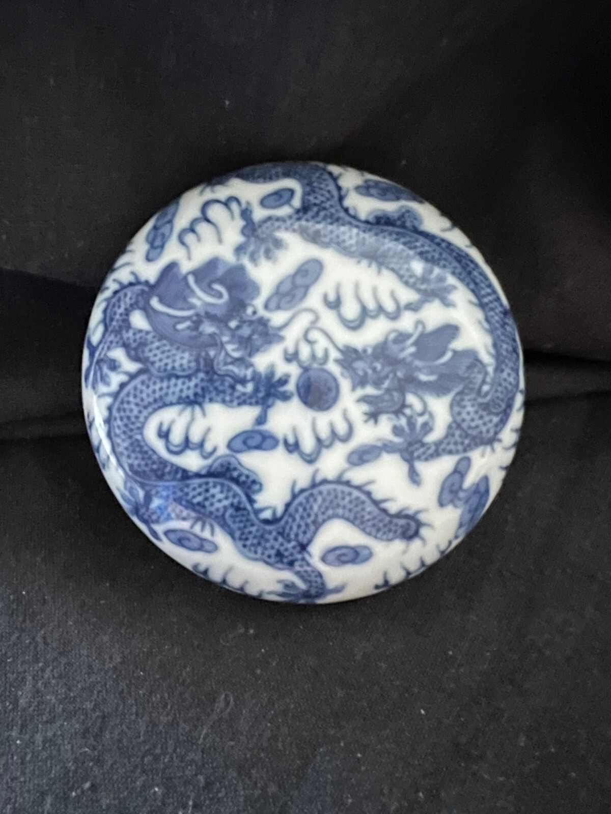 Chinese Blue & White Porcelain Seal Paste Box with Dragons & Pearl Qianlong Mark