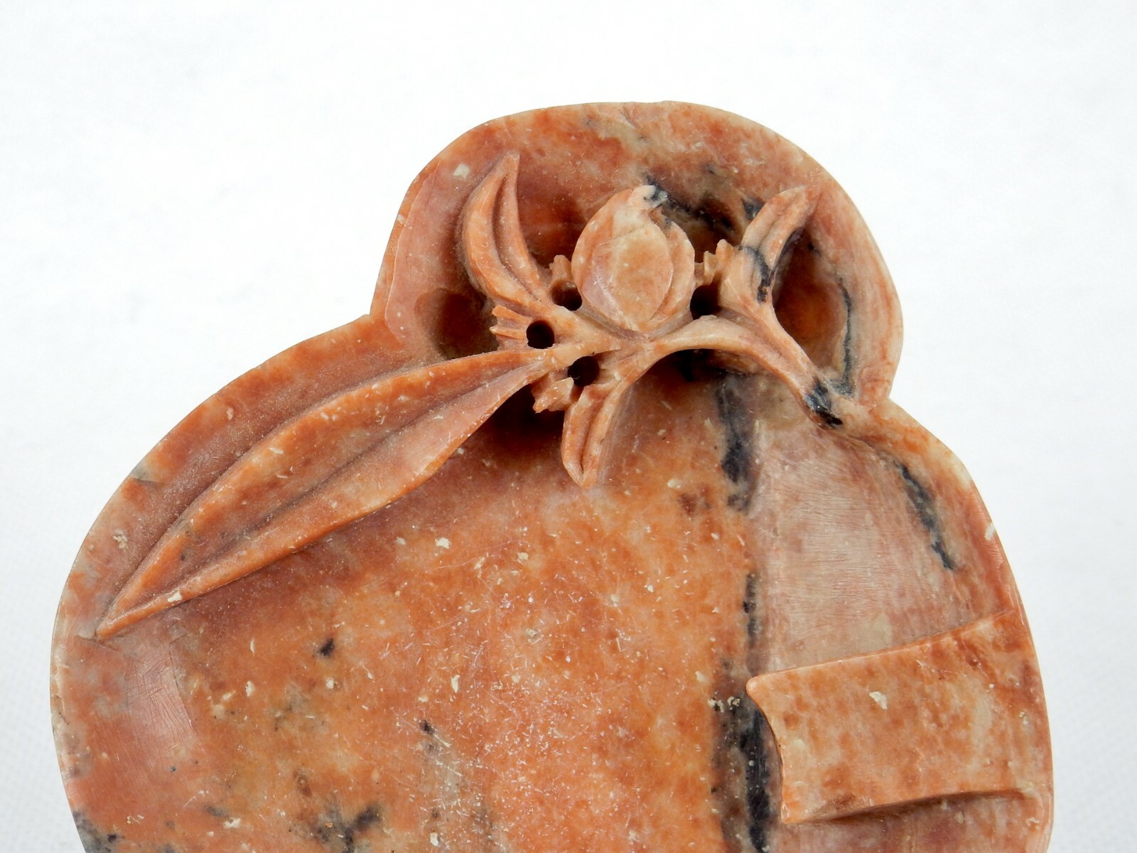 Vintage Carved Soap Stone Ashtray, Brown w/Black Highlights, Floral Design