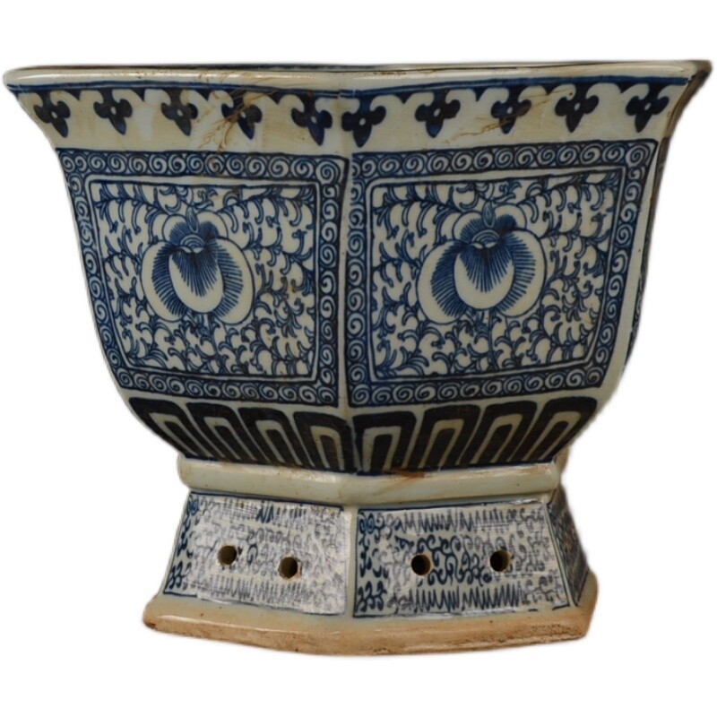 8.8″ Collect China Blue White Porcelain Lotus Flower Grain Hexagon Flower Pot