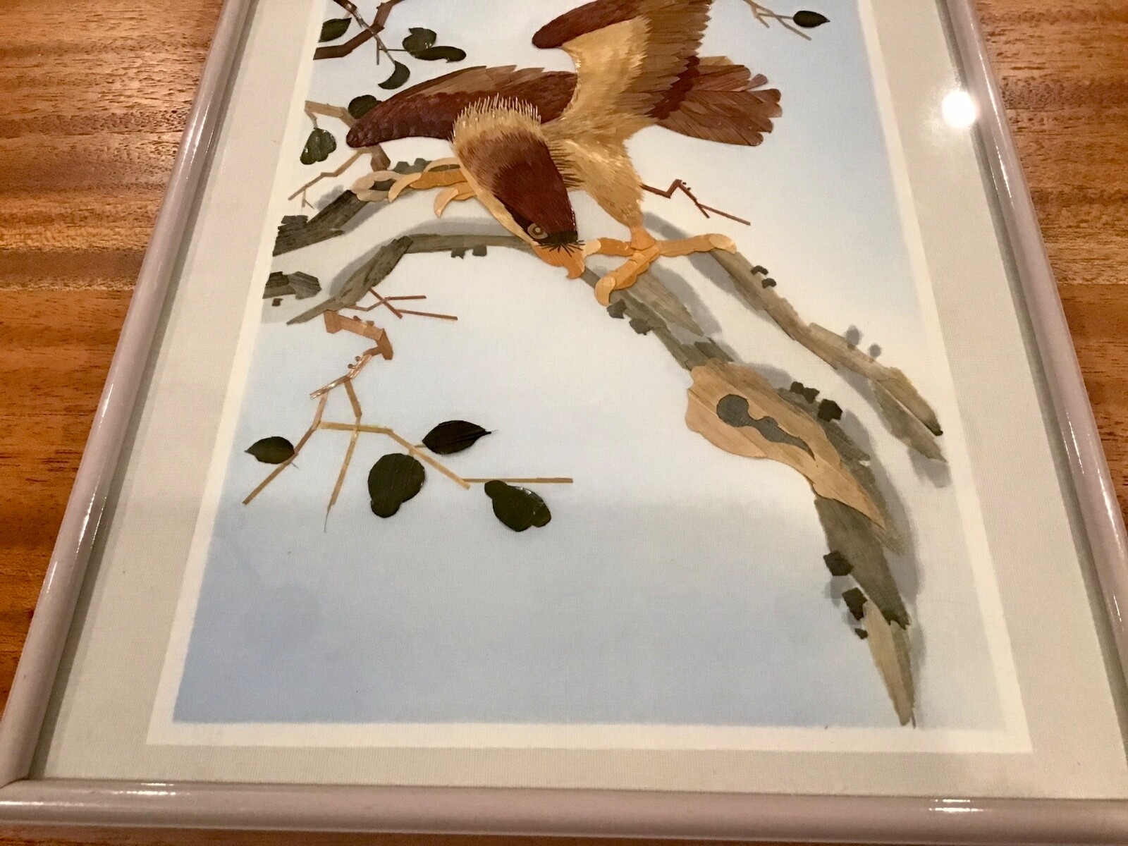 VTG ASIAN CLOTH PAINTED WOOD HAWK PICTURE WALL ART FRAMED- ONE OF TWO AVAILABLE