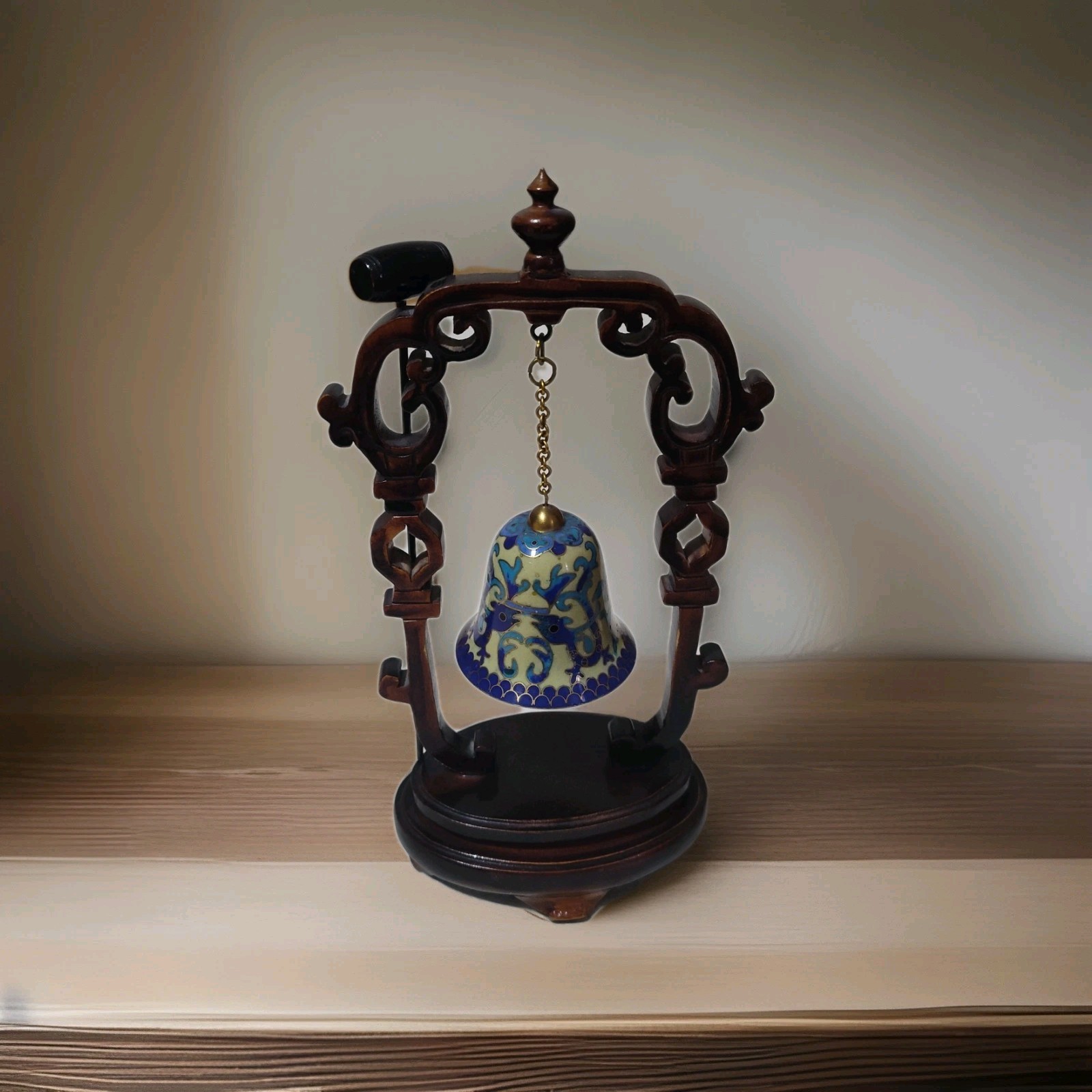 Chinese Enamel Cloisonne Dragon Bell Hanging on Wood Stand B12