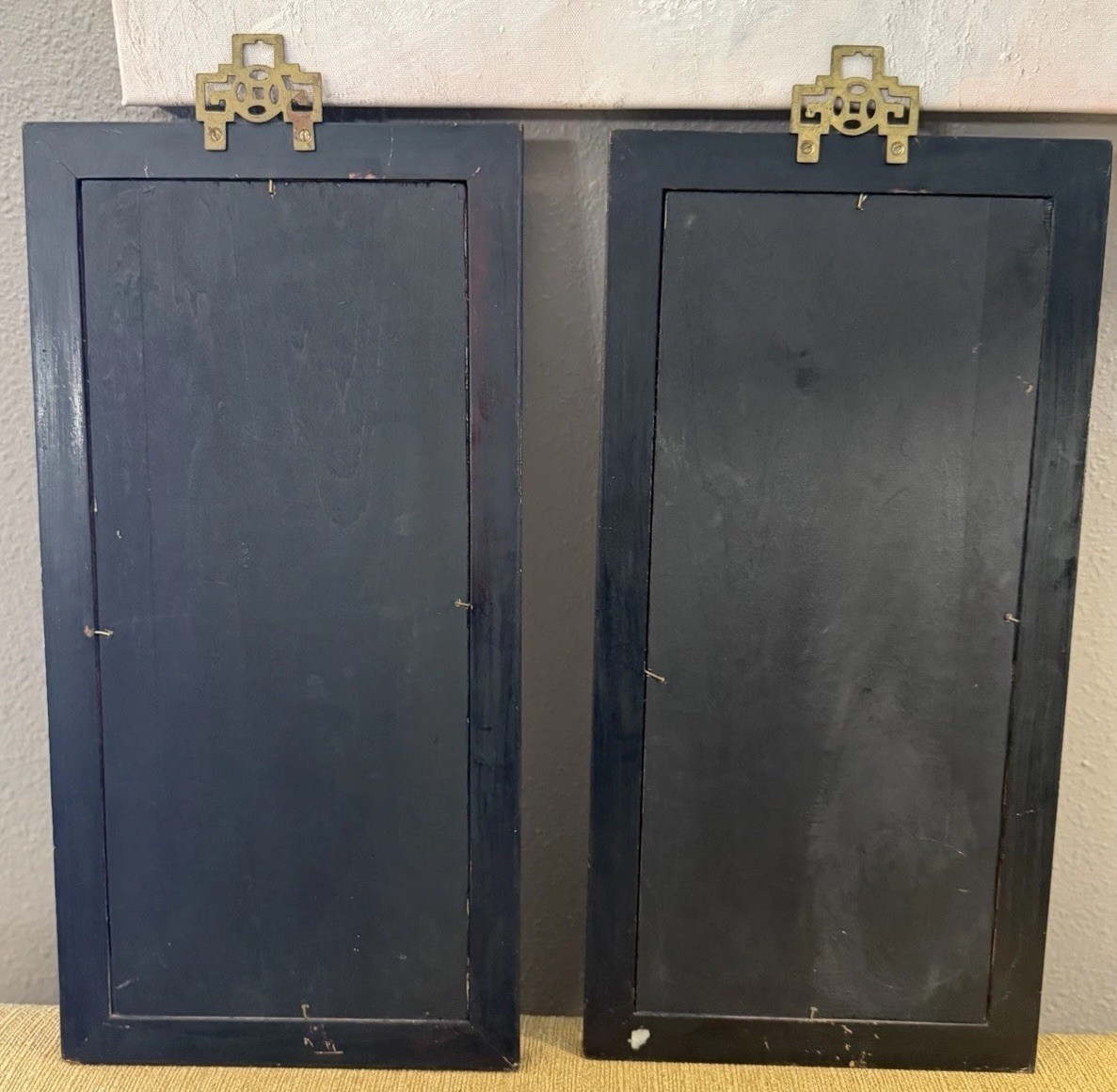 VTG Chinese Black Lacquer Wall Panels Pair Mother Pearl Inlay Geisha Art 19.5×9